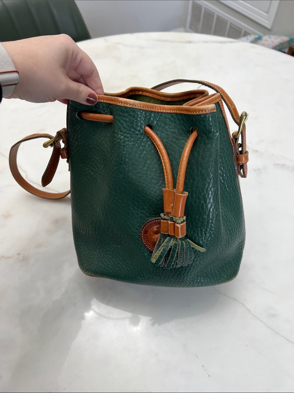 Dooney & Bourke Green and Tan Leather Drawstring Shoulder Bag